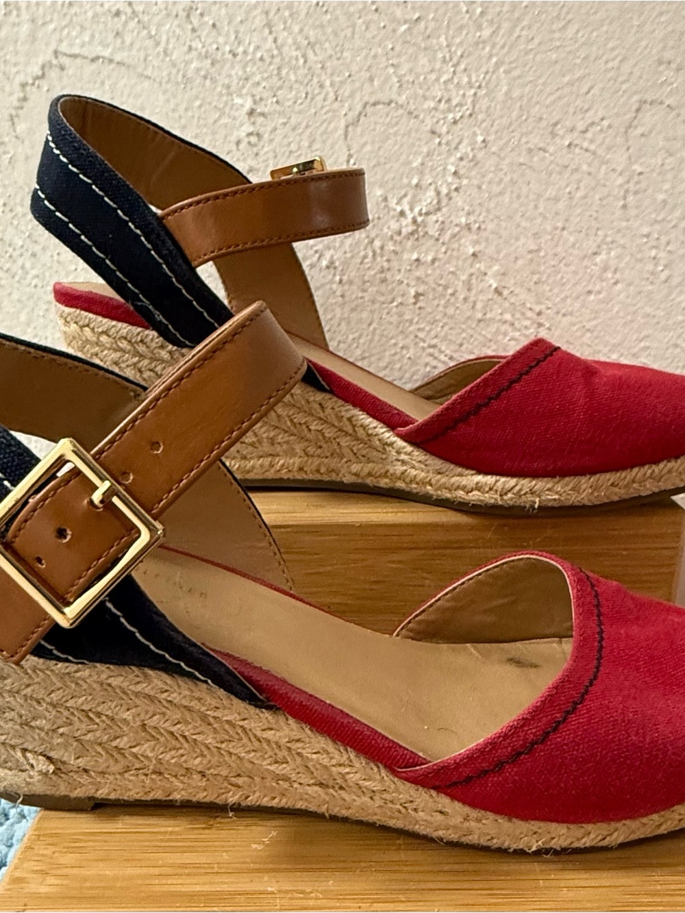 Tommy Hilfiger Red Espadrille Wedge Sandals with Brown Ankle Strap and Navy Heel